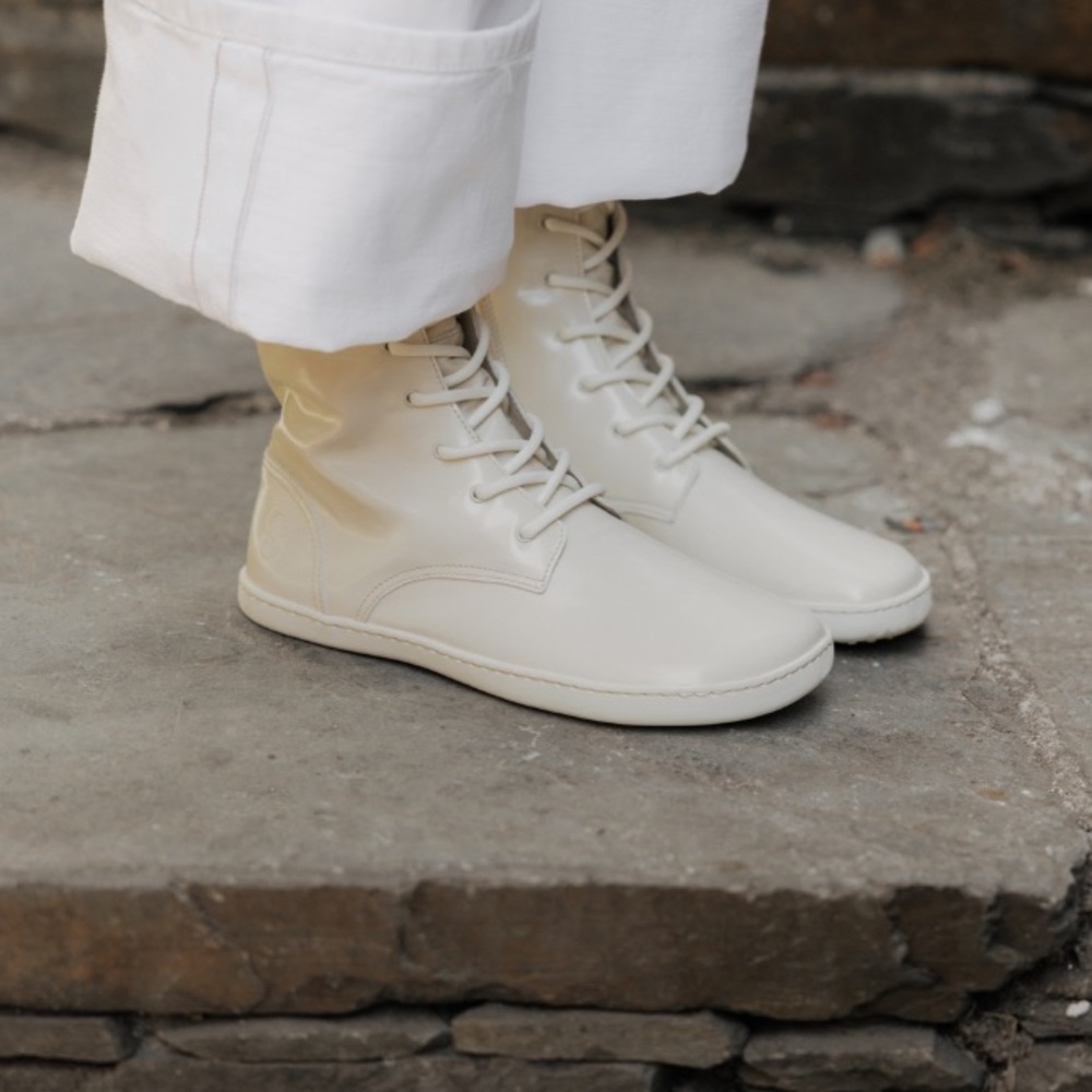 White / Cream Leather Barefoot Lace Up Combat Boots from Shapen. Brand New!
